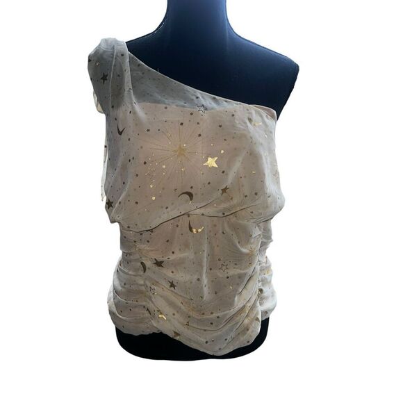 Torrid 4XL Chiffon satin  Foil One Shoulder Crop Top Ivory Plus astronomy - Picture 3 of 9